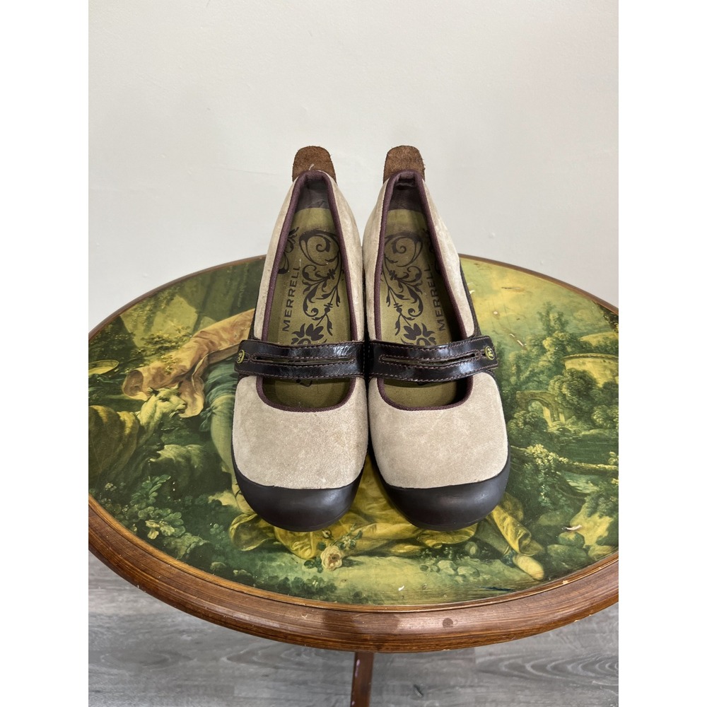 Merrell Taupe Suede Leather Mary Jane Wedge Comfort Shoes Sz 8.5